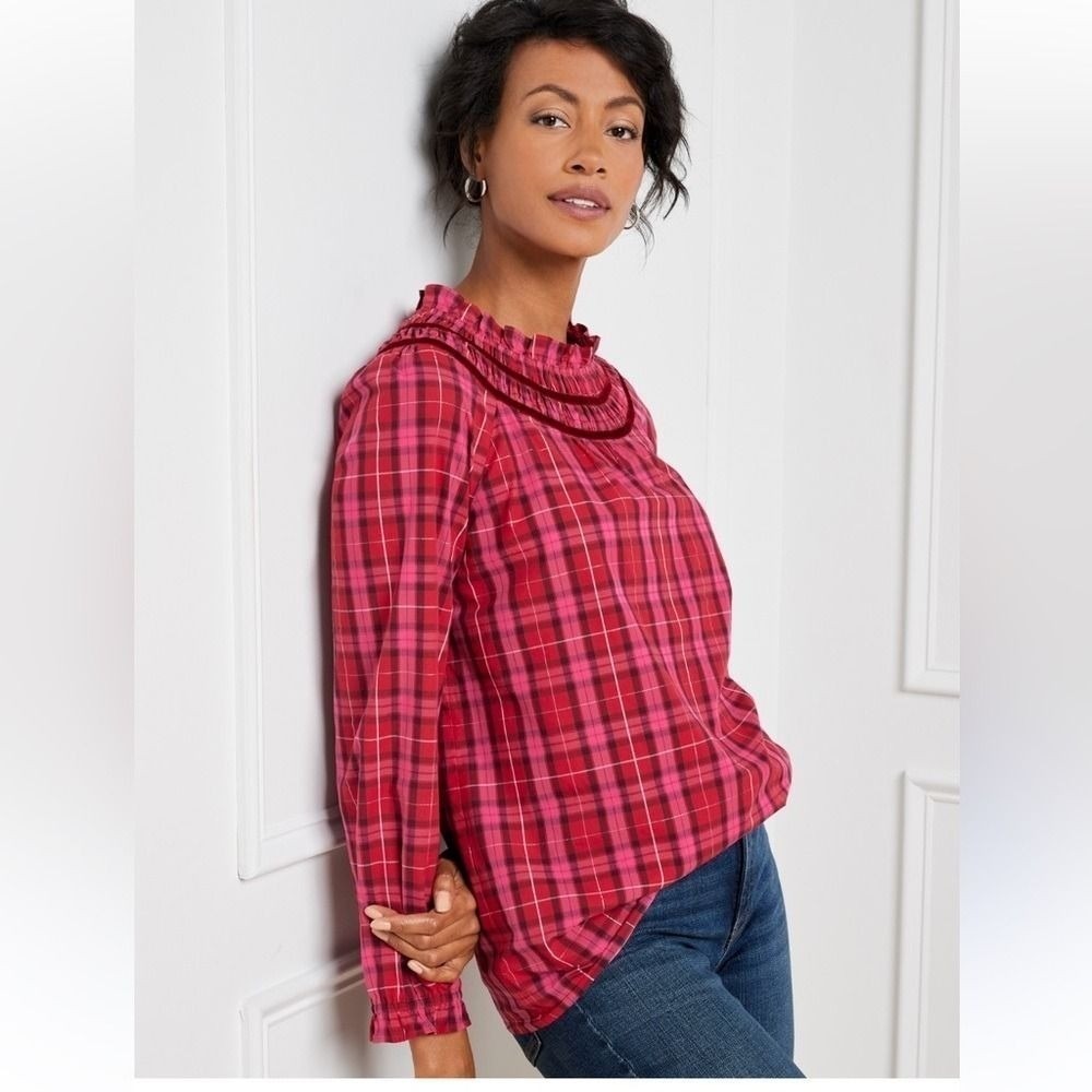 Talbots Red Pink Plaid Metallic Velvet Trim Ruffle Neck Blouse Top L NEW